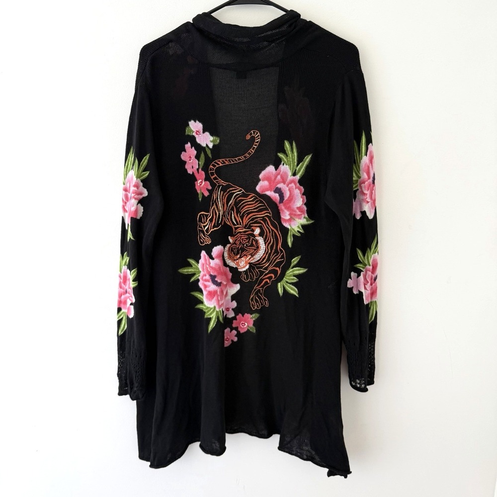 Y2K Cardigan Womens L Tiger Floral Black Linen Cotton Boho Indie Sleaze Asian
